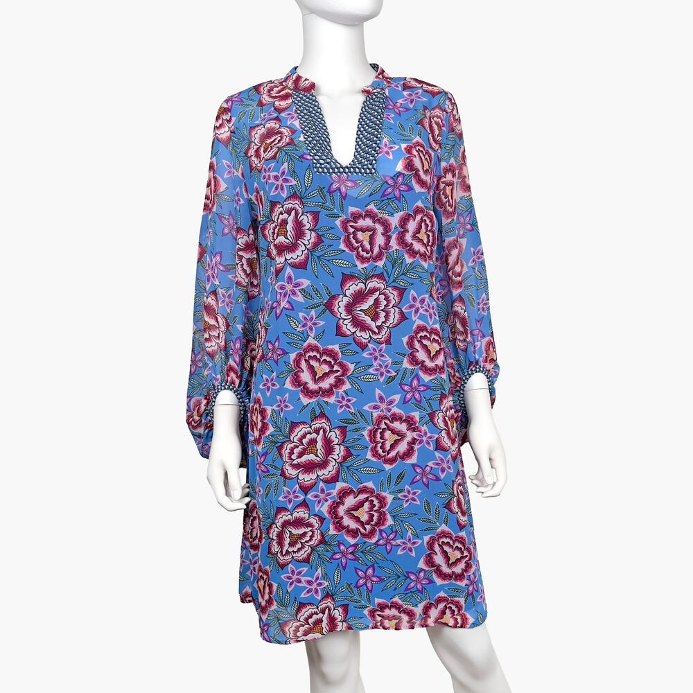 CABI Primrose Knee Length Semi-Sheer Chiffon Floral Shift Dress (Blue | Size S)